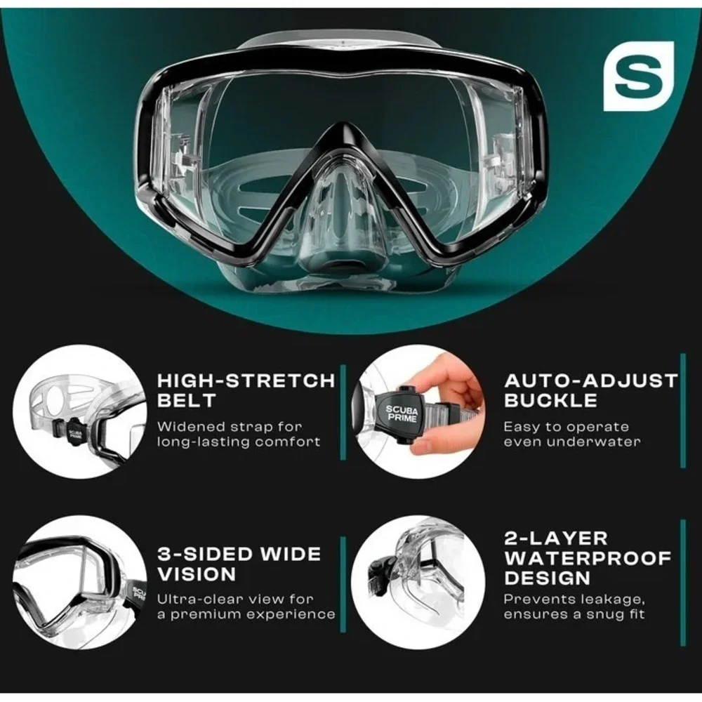 Scuba Prime Panoramic Dive Mask 180° Tempered Glass 3-Window Snorkeling Scuba...